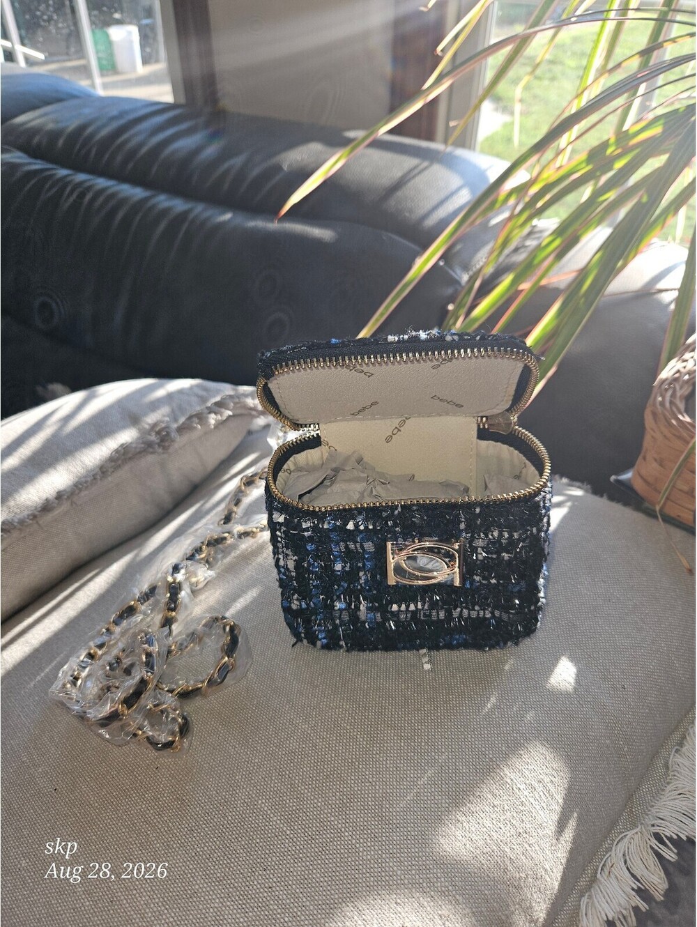 NWT bebe Kamala Mini Tweed Square Crossbody Bag- Black/Blue Plaid Vanity Purse